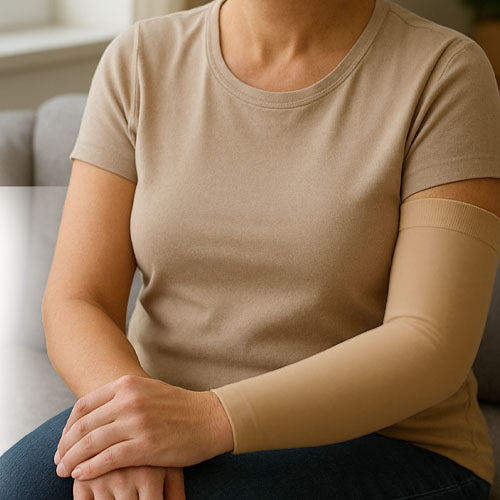 Woman wearing a beige colored lymphedema armsleeve