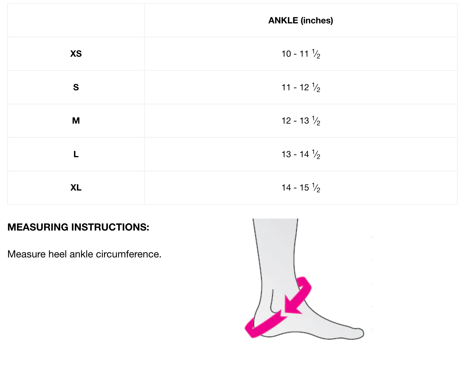DocOrtho Swift Lace ankle support size chart