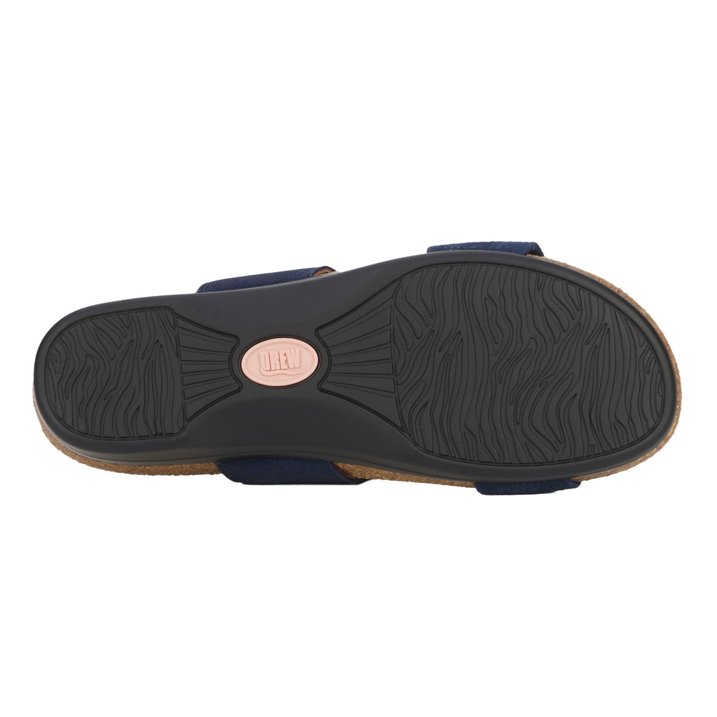 Navy sandal with a black sole on a white background