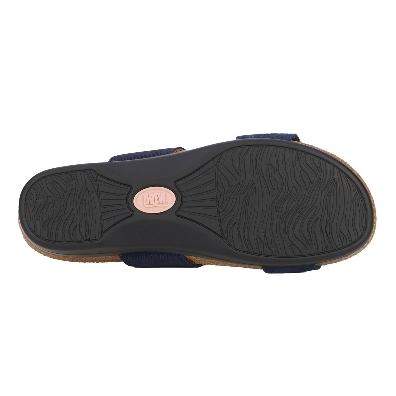 Navy sandal with a black sole on a white background