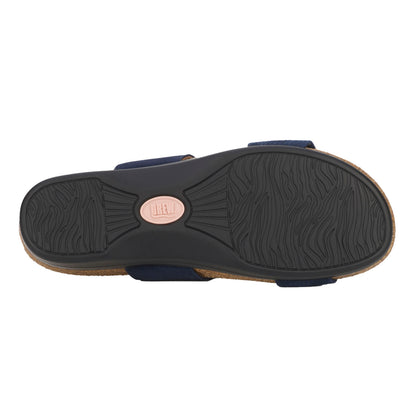 Navy sandal with a black sole on a white background