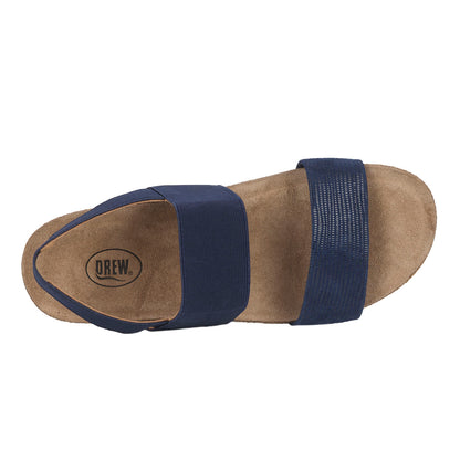 Navy strap sandal with cork sole on a white background Drew brand