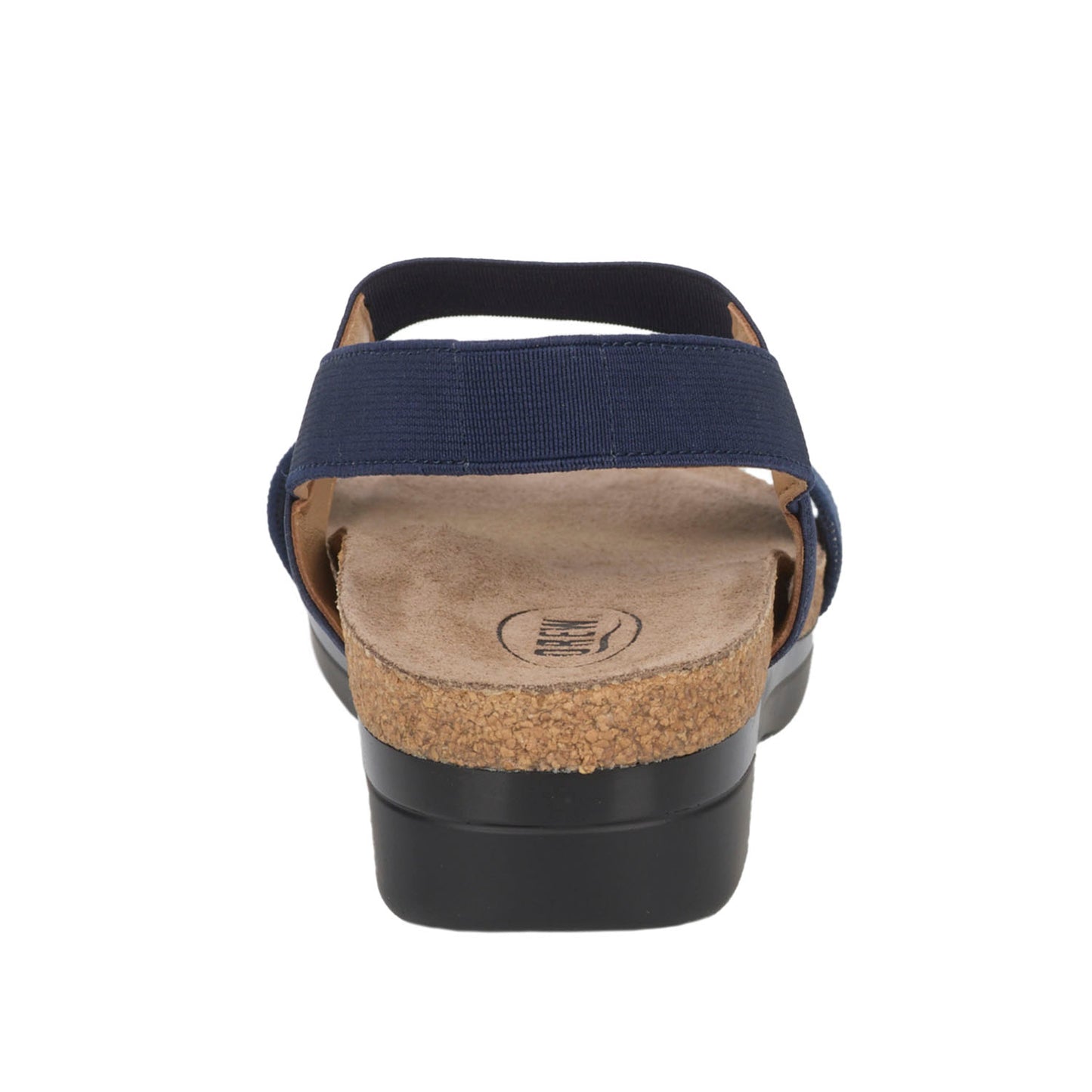 Navy sandal with cork sole on a white background