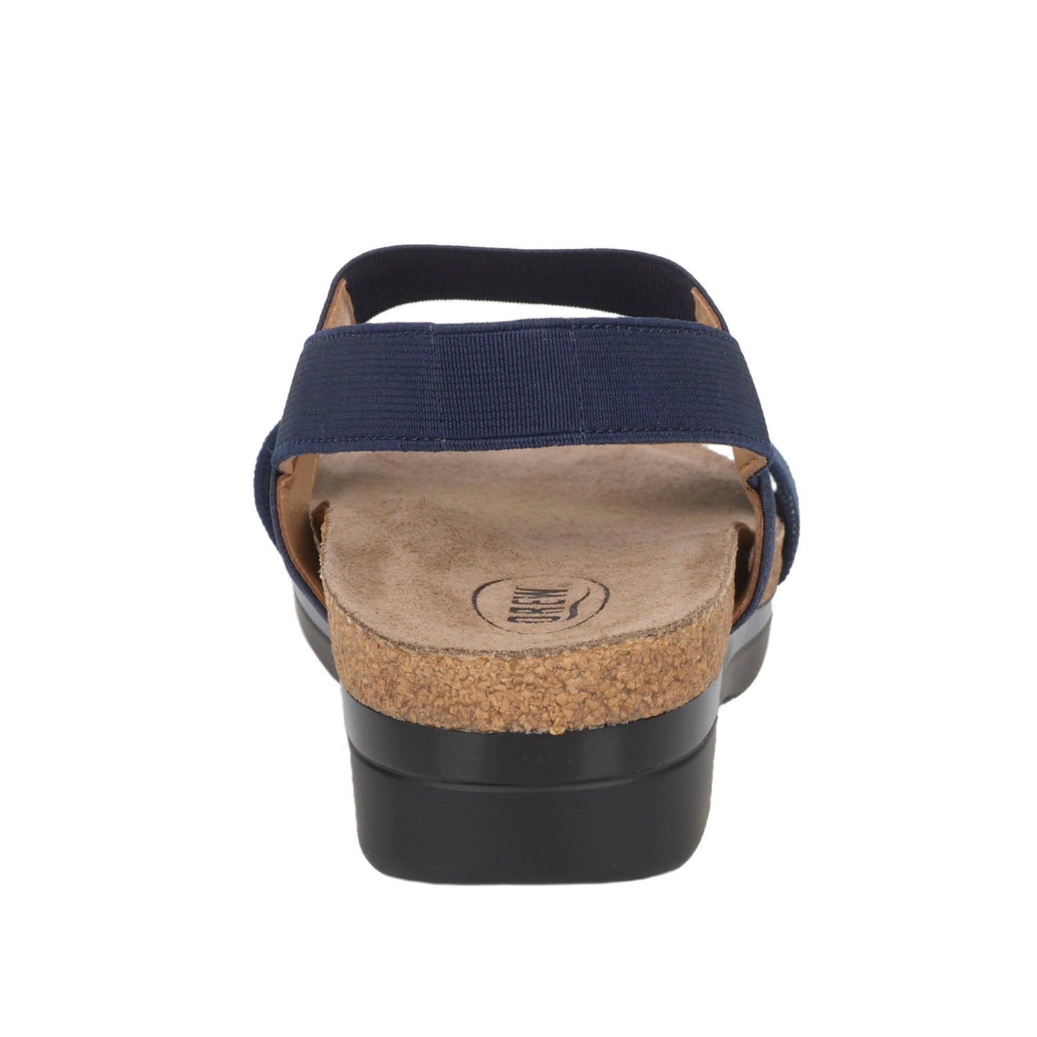 Navy sandal with cork sole on a white background