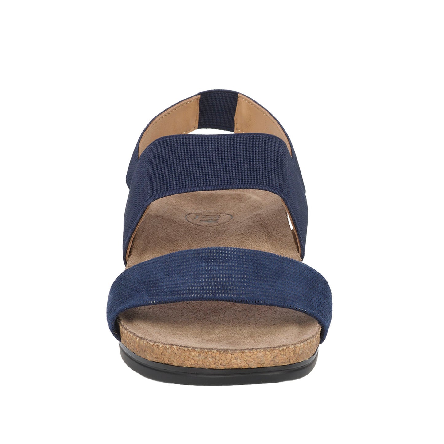 Navy blue sandal with cork sole on a white background