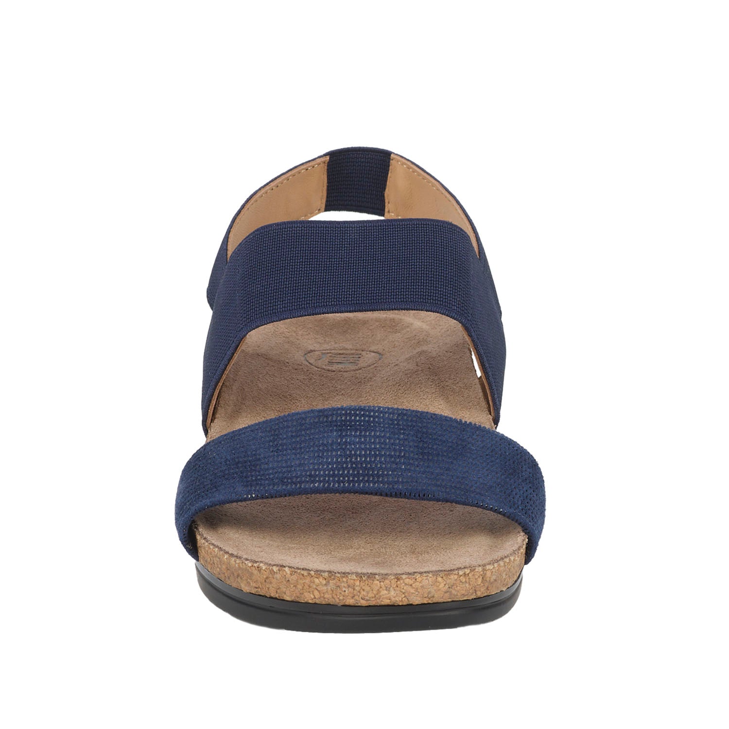 Navy blue sandal with cork sole on a white background