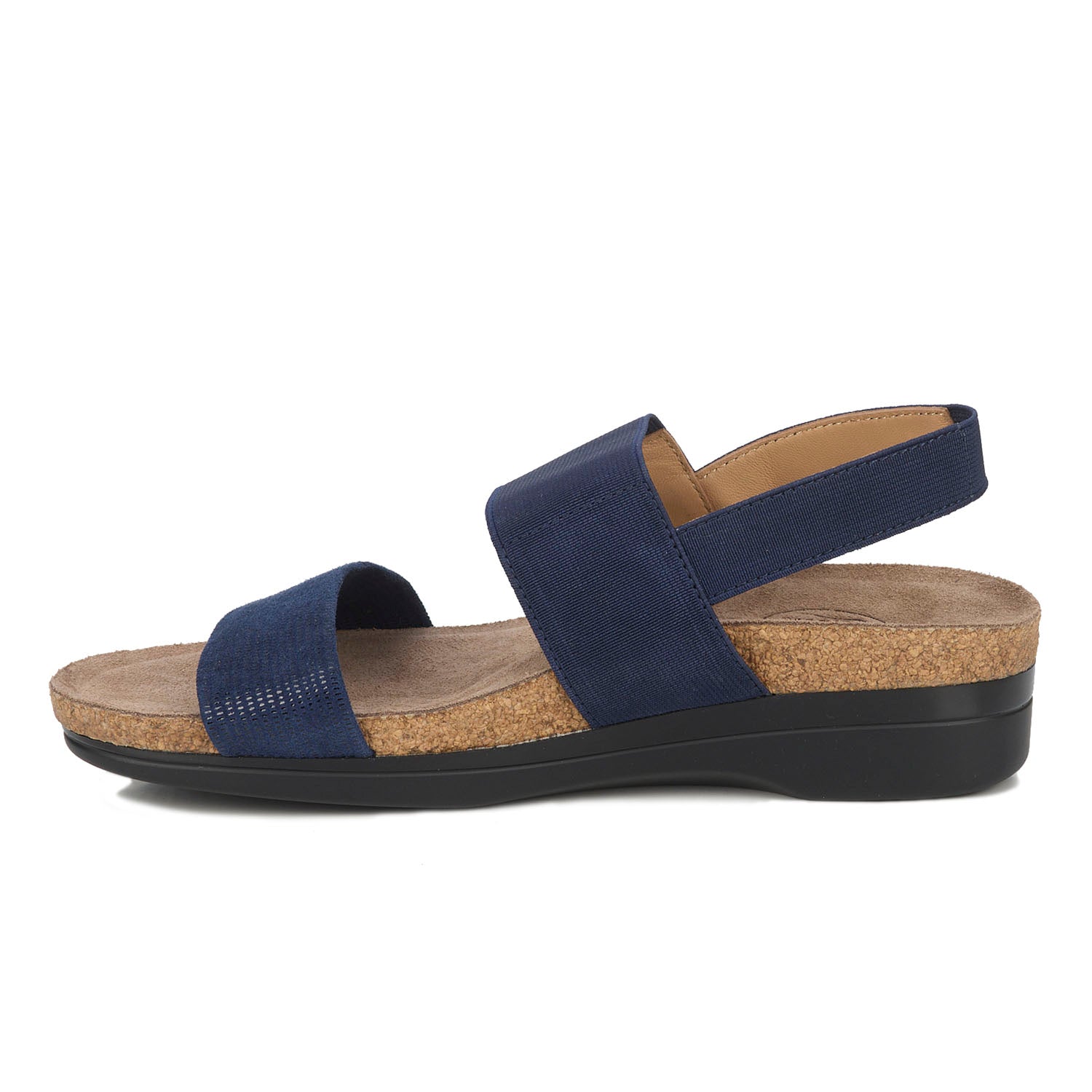 Navy sandal with cork sole on a white background