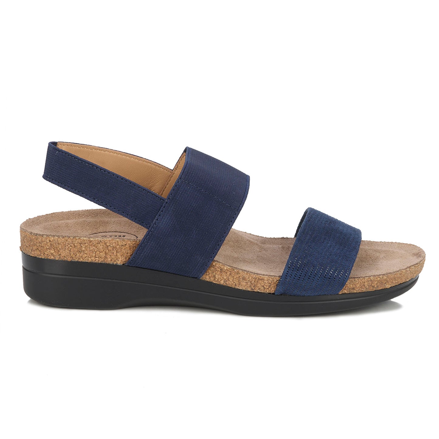 Navy sandal with cork sole on a white background