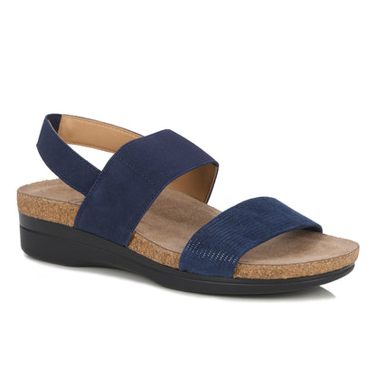 Navy blue strap sandal with cork sole on a white background Drew brand