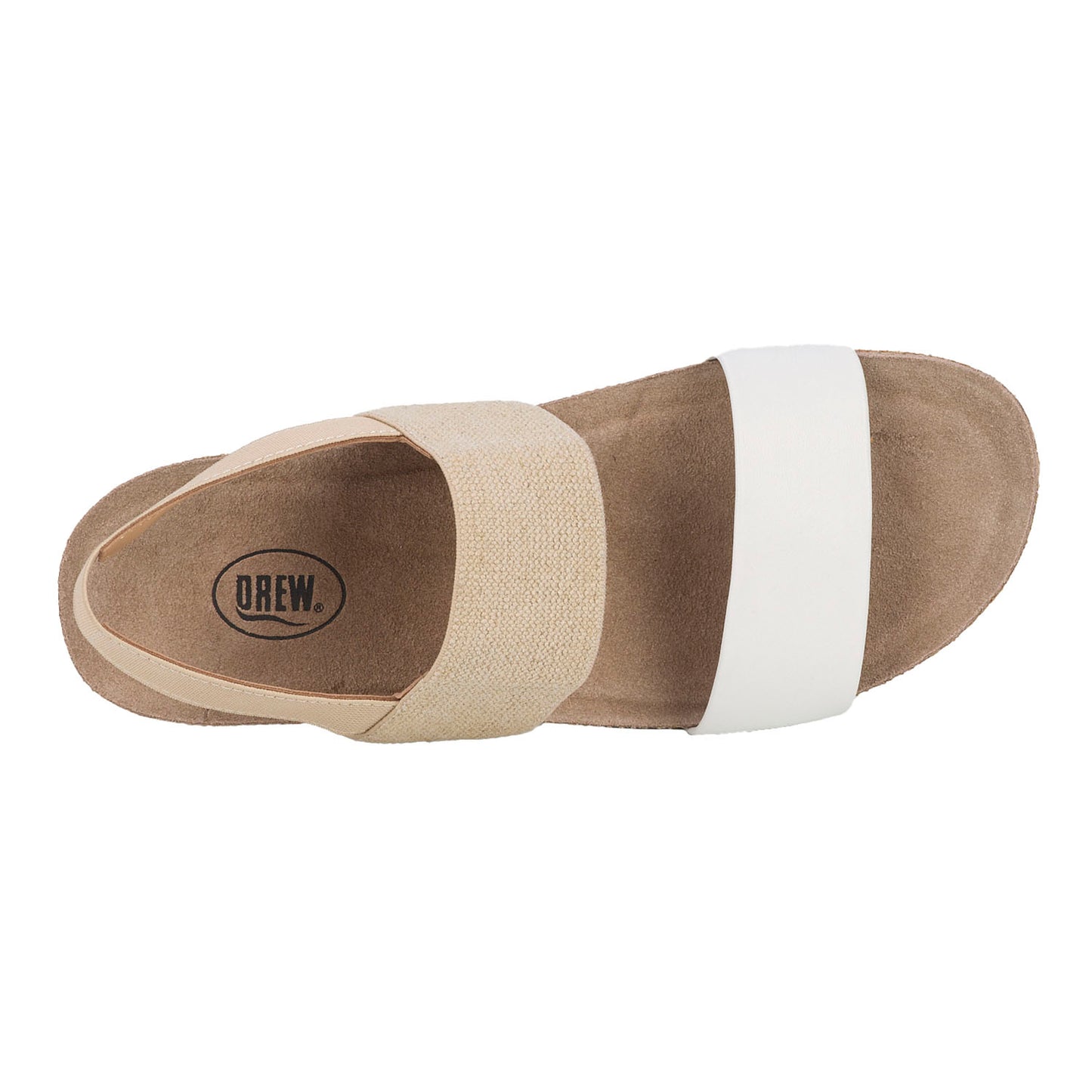Brown sandal with beige and white straps on a white background