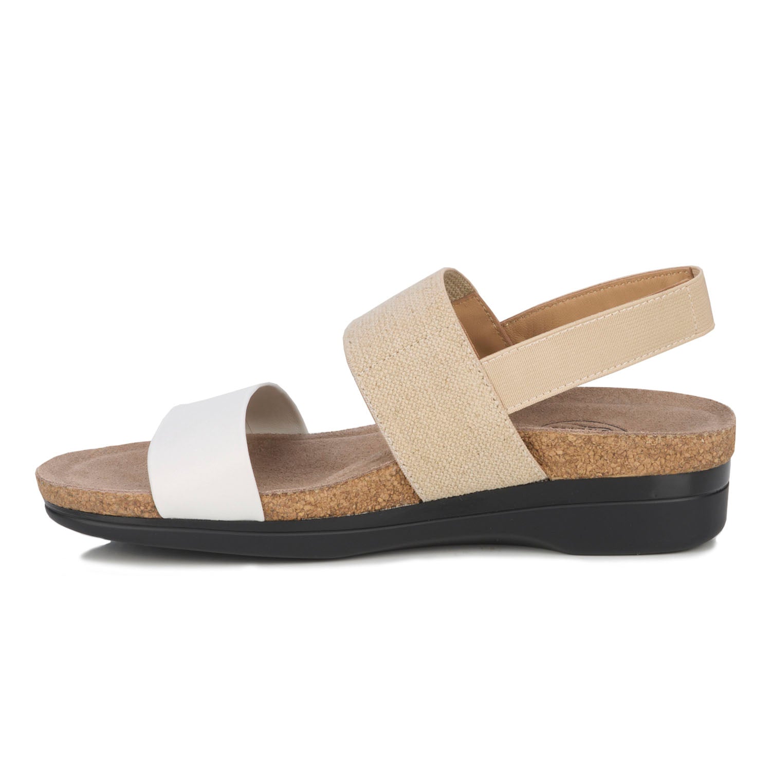 Sandal with beige and white straps on a white background