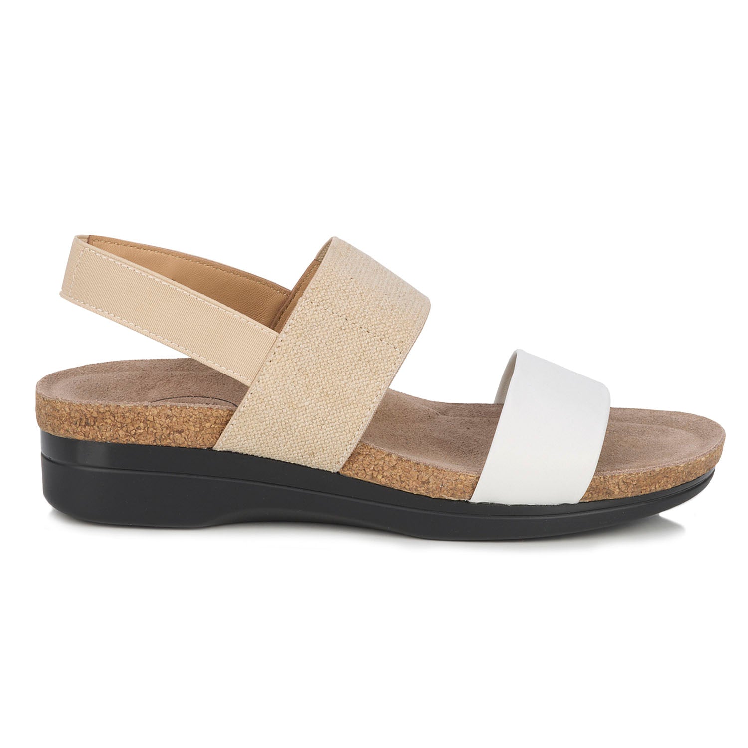 Beige and white sandal with cork sole on a white background