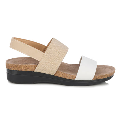 Beige and white sandal with cork sole on a white background