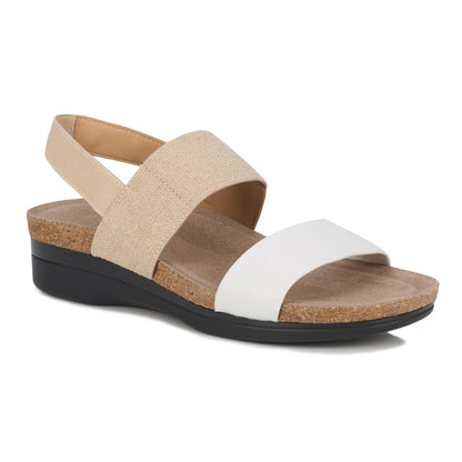 Natural tan and white strap sandal with cork sole on a white background Drew brand