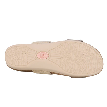 Beige sandal with a visible brand logo on a white background