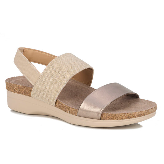 Drew Women's Maeve Sandals - Beige and metallic bronze color strap sandal with cork sole on a white background