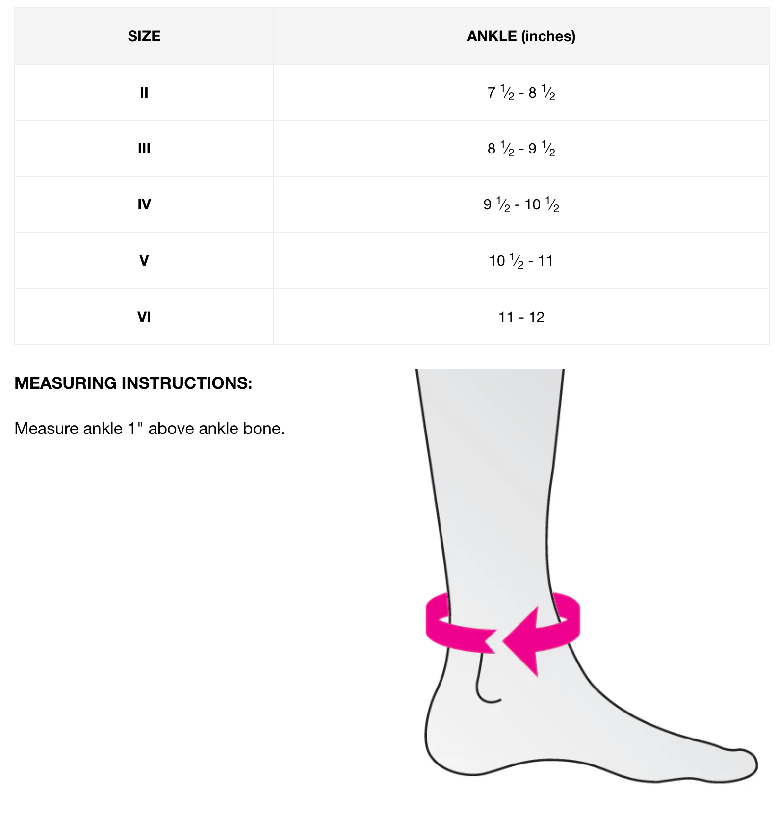 DocOrtho Knit Ankle Support Size chart