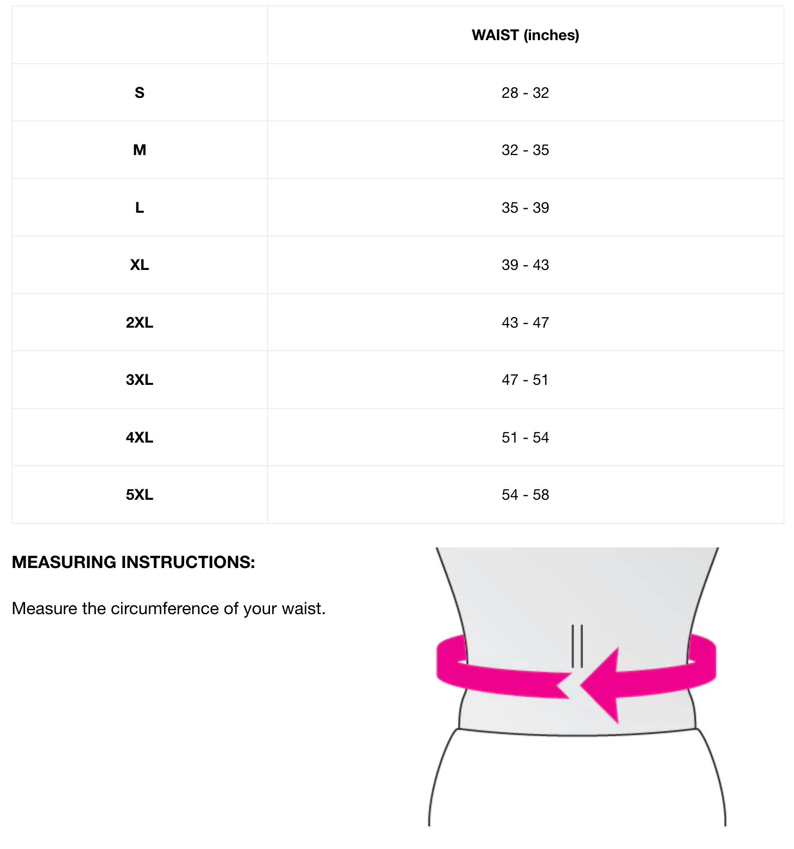 DocOrtho Lumbar Sacral Support Size Chart
