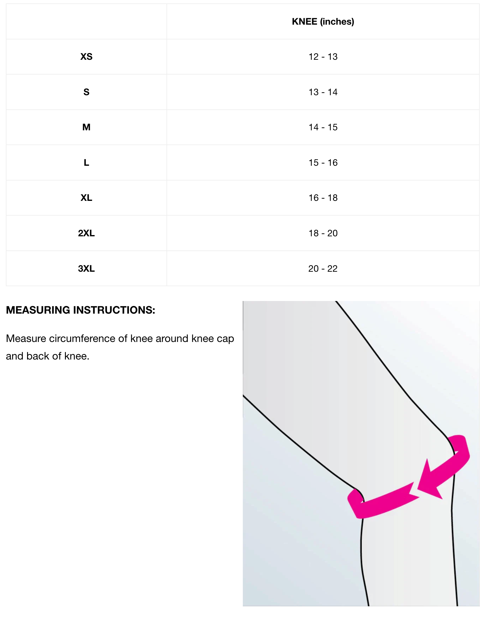 DocOrtho Neoprene Knee Stabilizer Size Chart