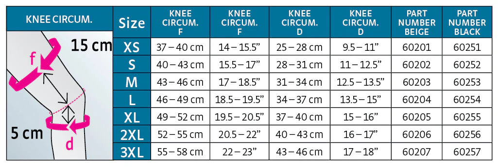 DocOrtho Seamless Knee Support Size Chart