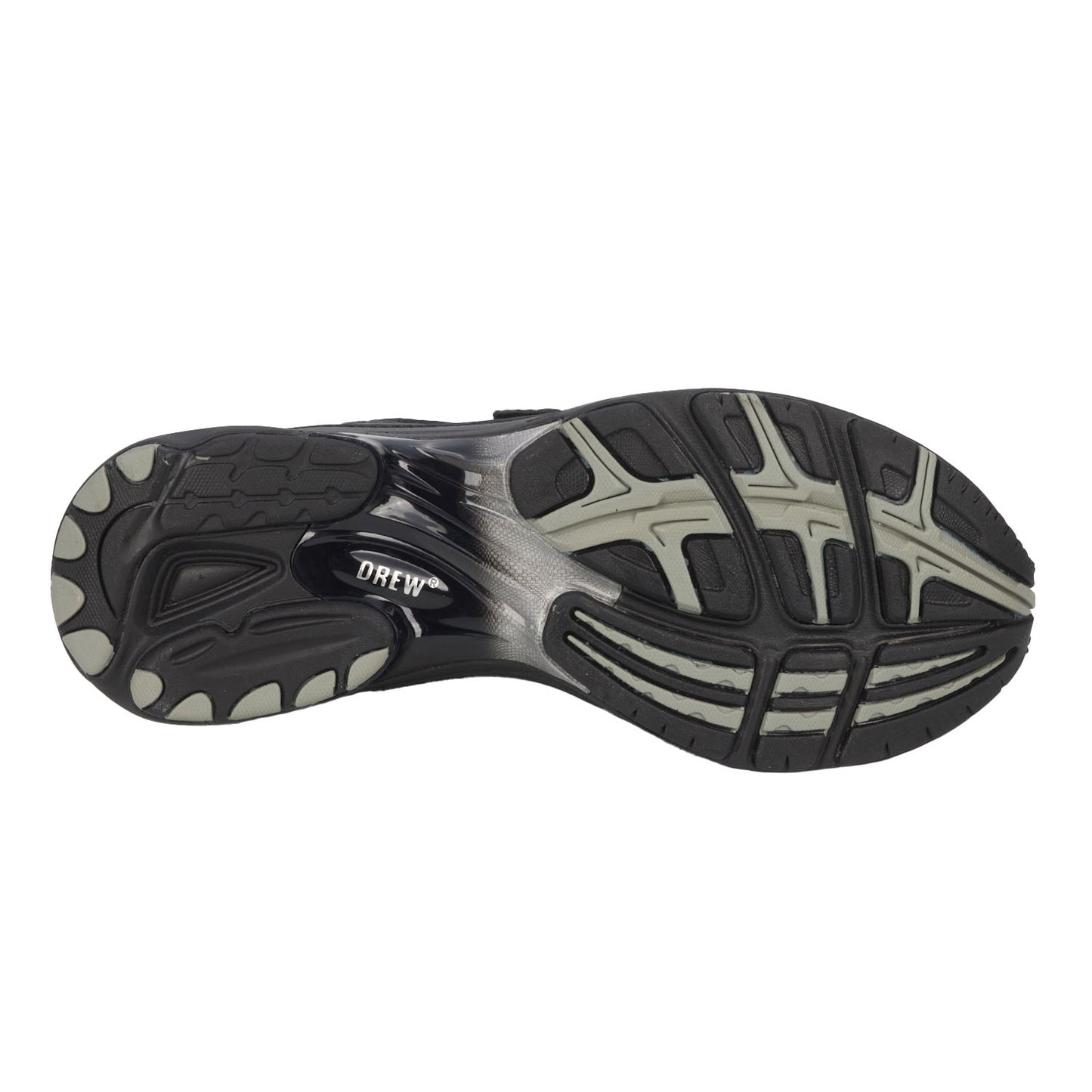 Close-up of a black and gray athletic shoe sole on a white background