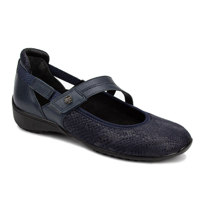 Navy blue shoe with a strap on a white background