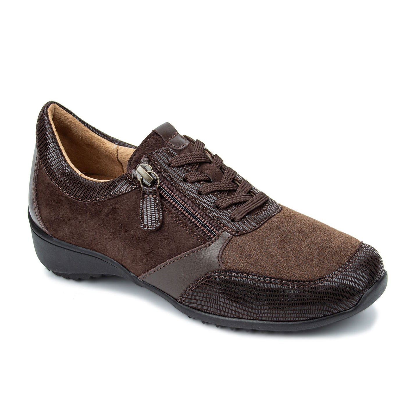 Brown casual shoe with black sole on a white background