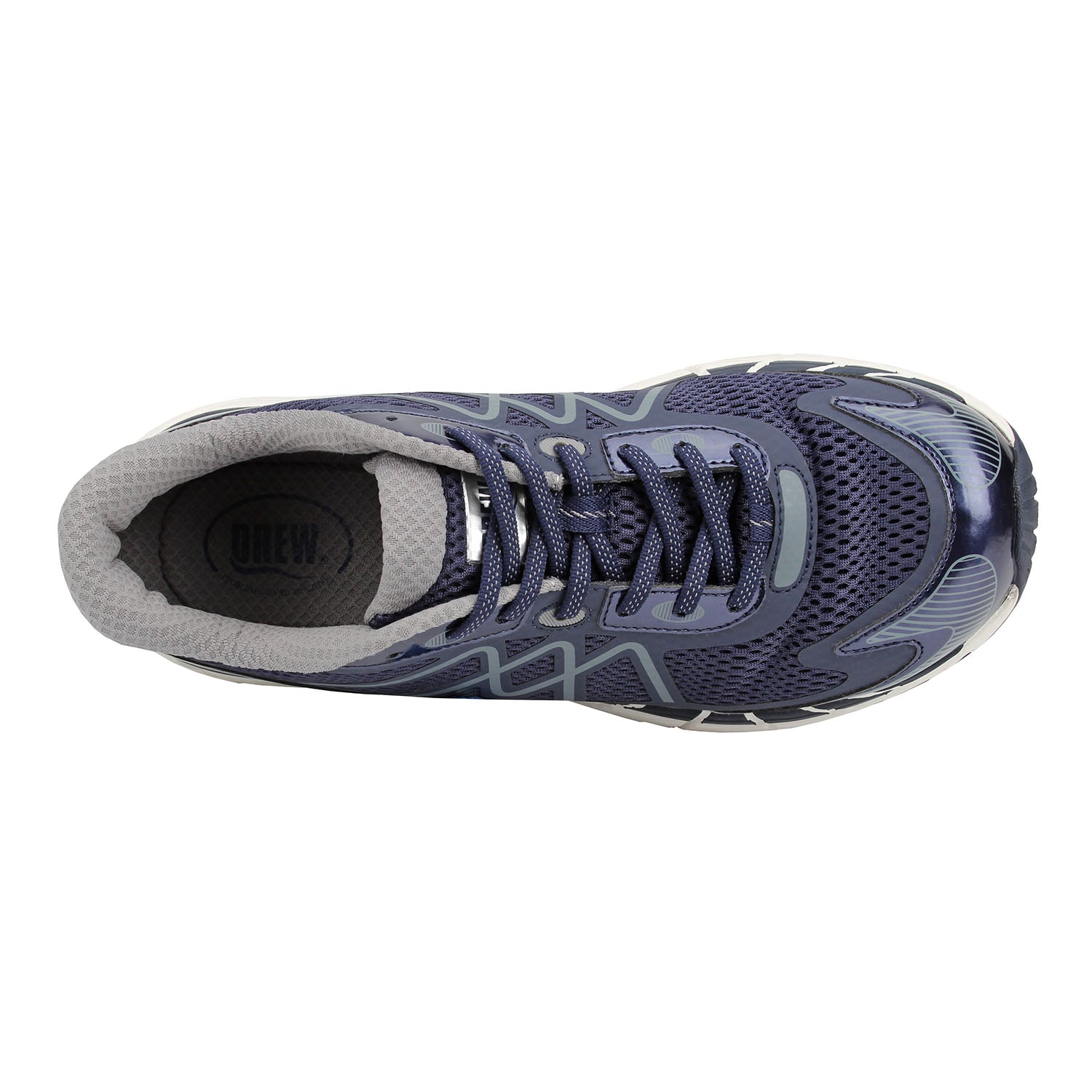 Navy running shoe with gray sole on a white background