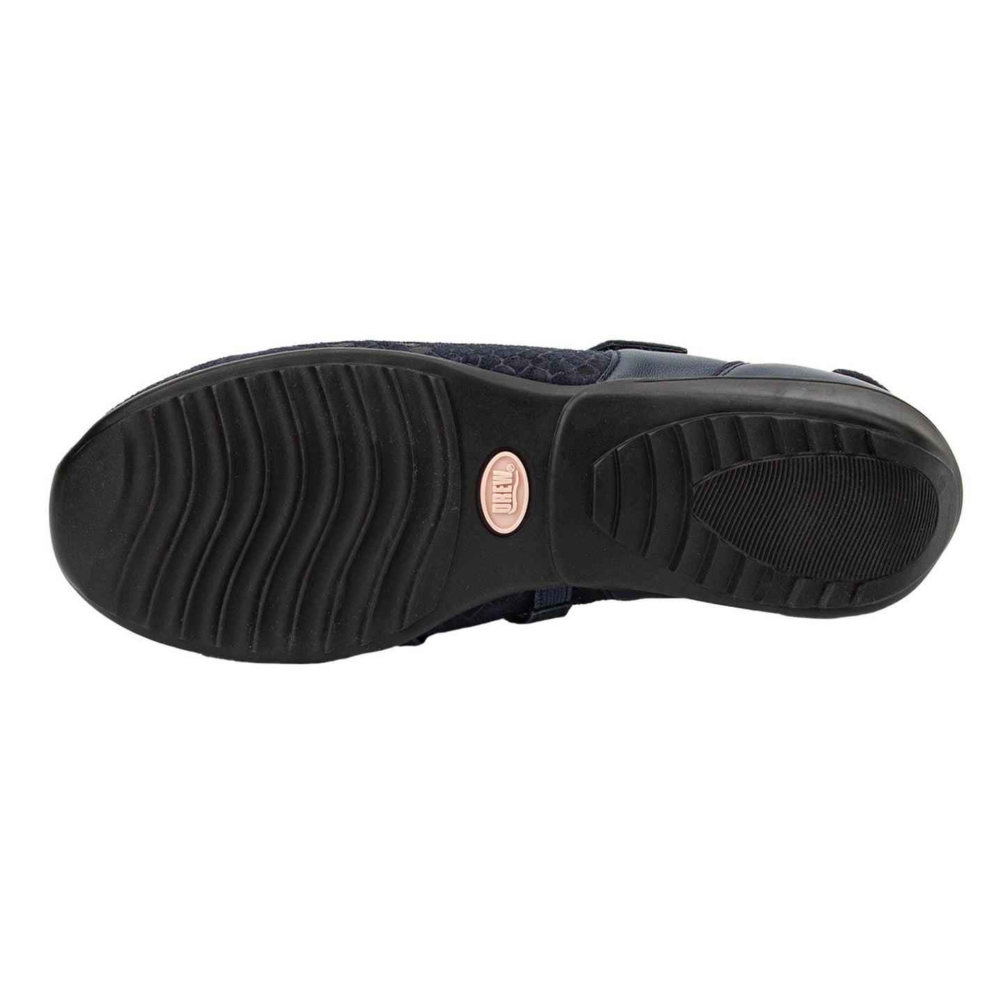 Navy shoe sole with a brand logo on a white background