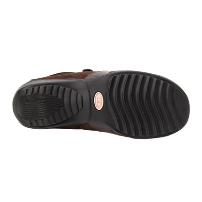 Brown shoe with black sole on a white background