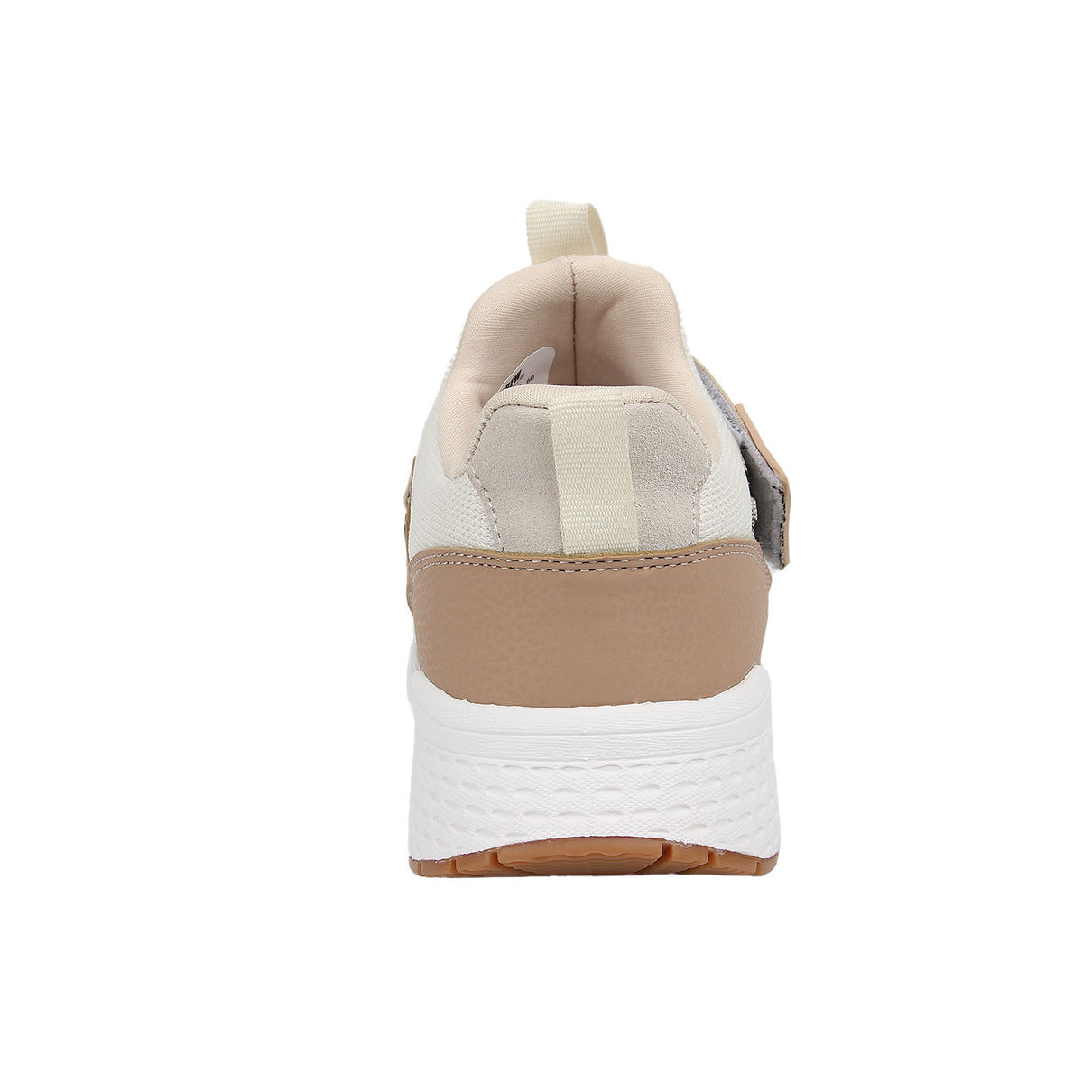Back view of a sneaker with beige and white design on a white background