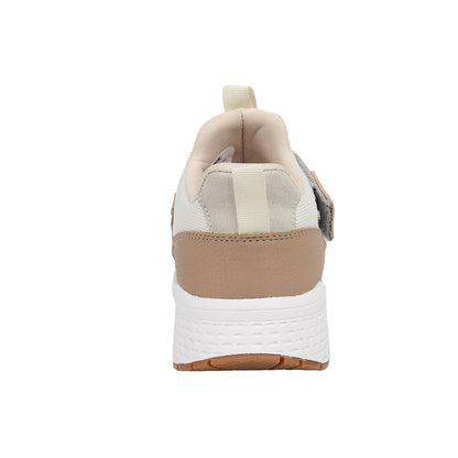 Back view of a sneaker with beige and white design on a white background