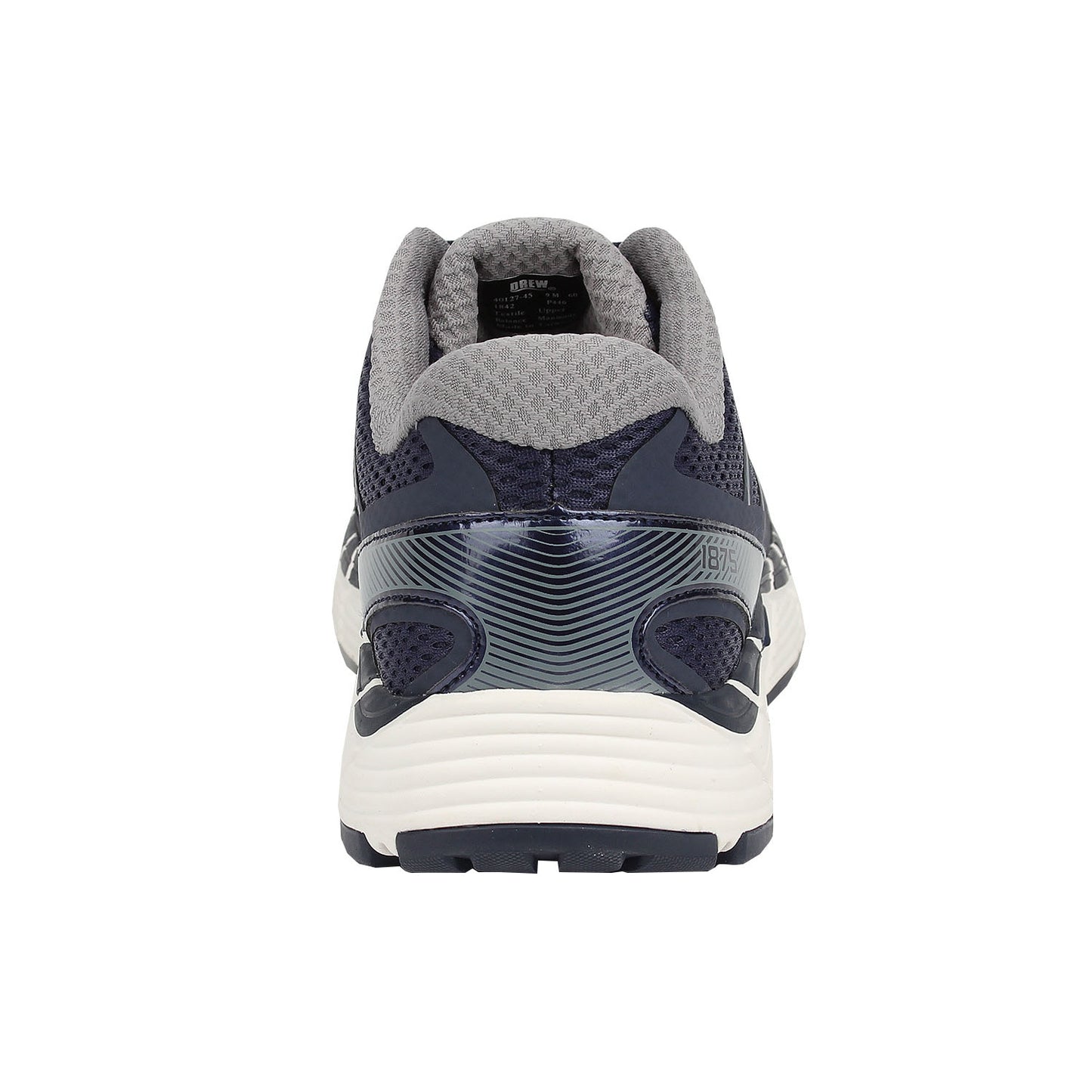 Navy and gray athletic shoe on a white background