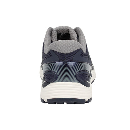 Navy and gray athletic shoe on a white background