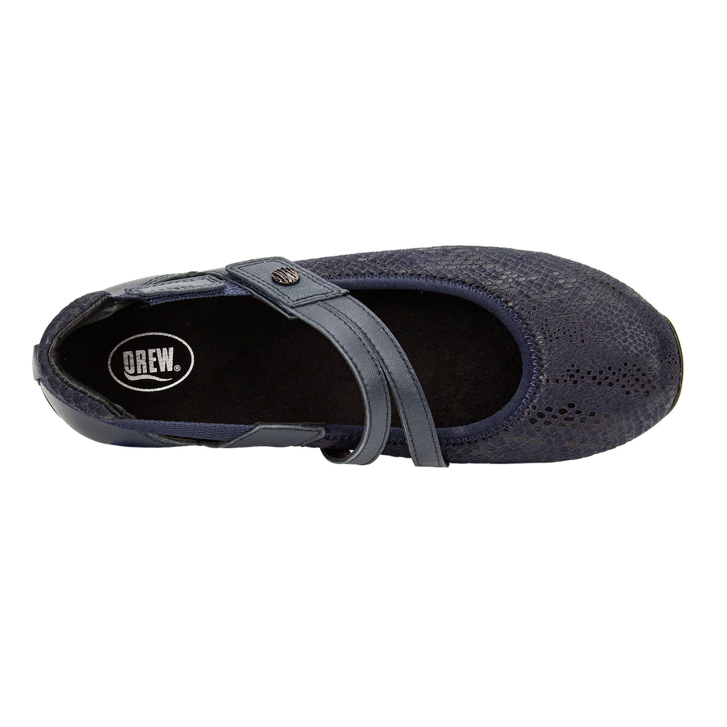 Navy blue shoe with a strap on a white background