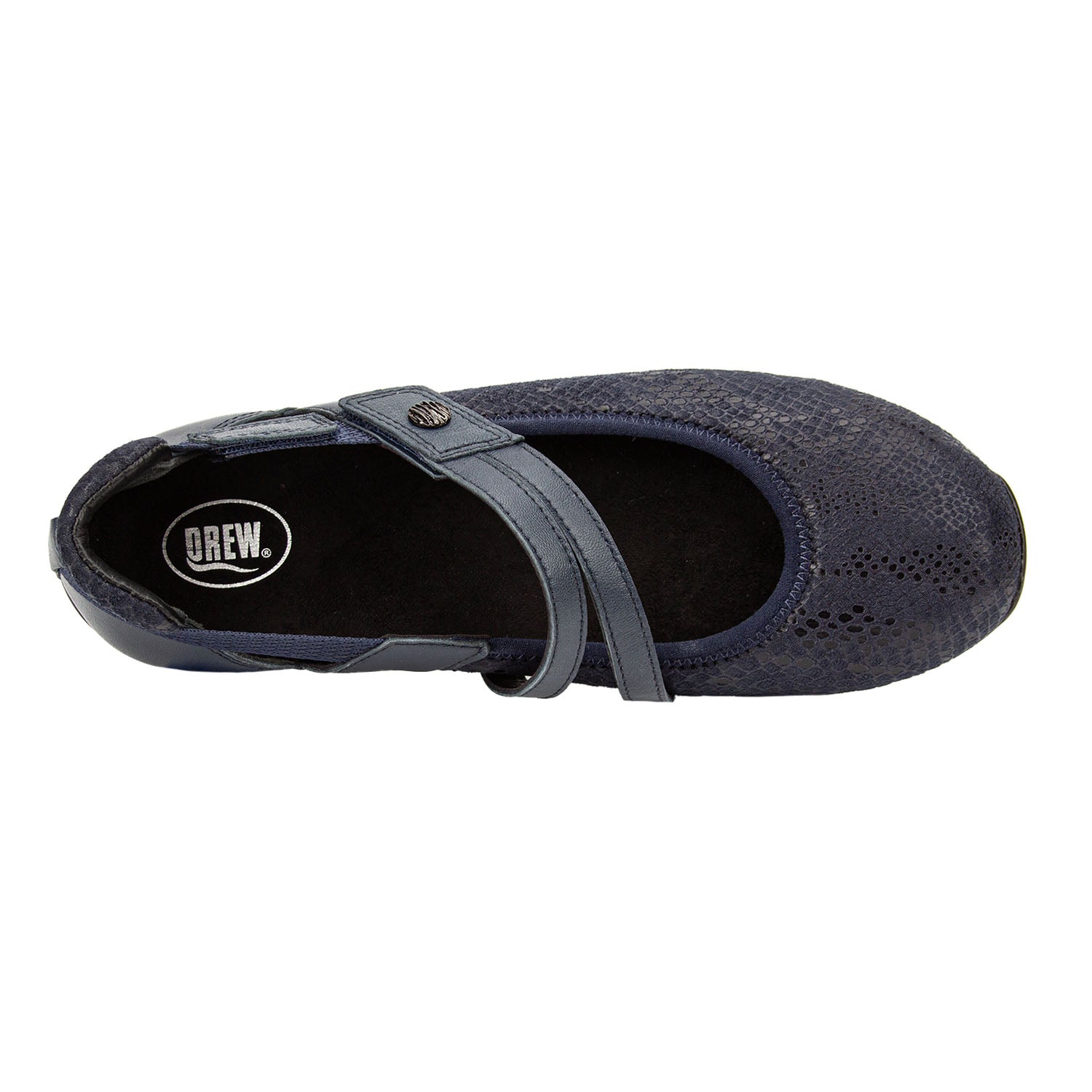 Navy blue shoe with a strap on a white background