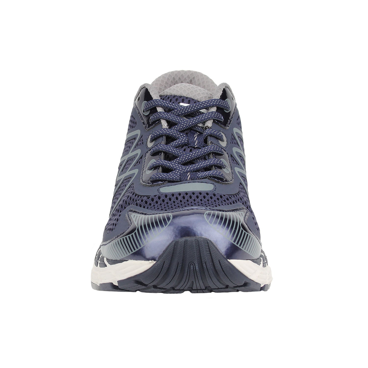 Navy running shoe with white sole on a white background