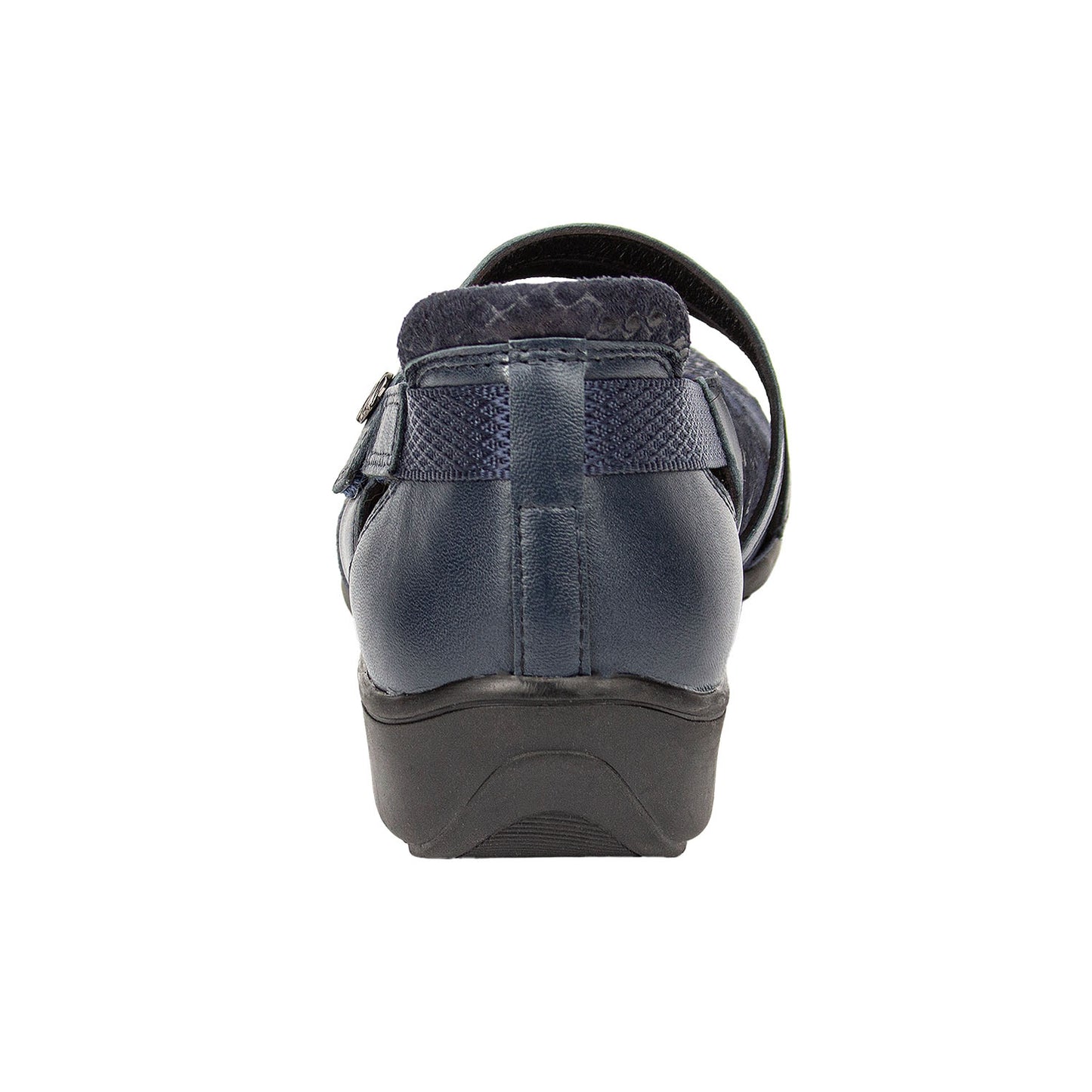 Navy blue shoe with a strap on a white background