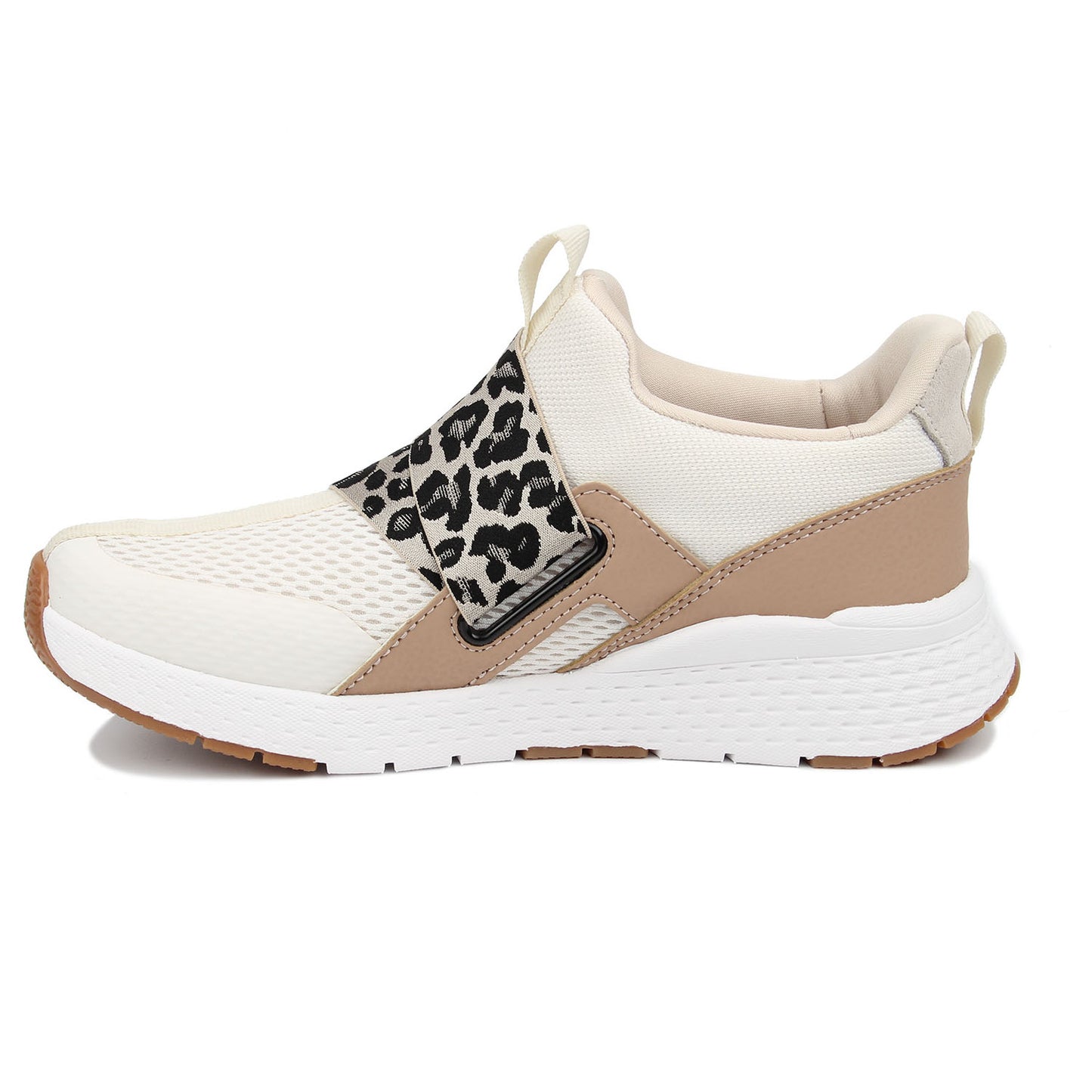 White sneaker with beige accents and a leopard print strap on a white background