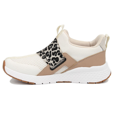 White sneaker with beige accents and a leopard print strap on a white background