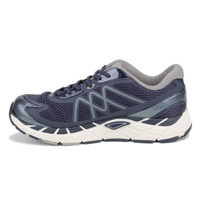 Navy running shoe on a white background