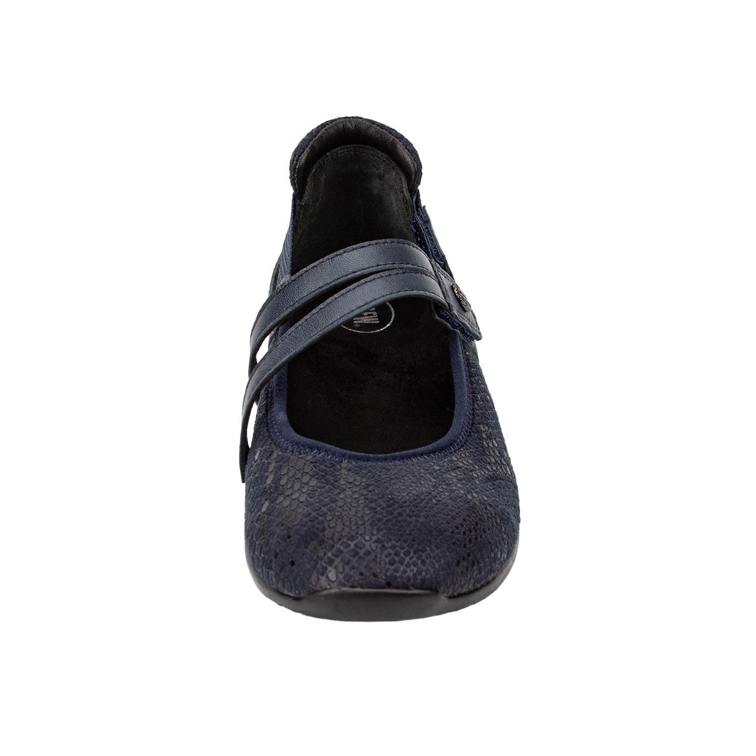 Navy blue flat shoe with a strap on a white background