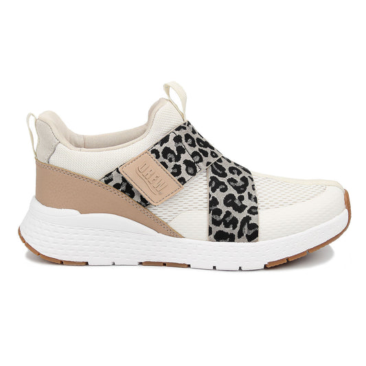 Drew Women's Bitsy Hands-Free Athletic Shoes - Sneaker with leopard print patch on a white background