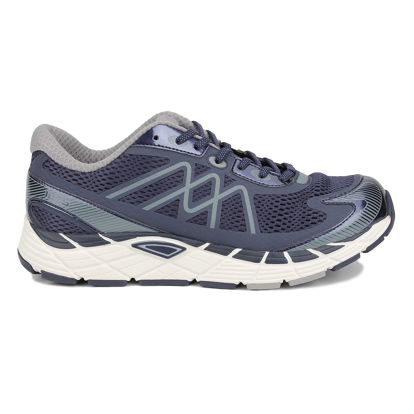 Navy running shoe with white sole on a white background