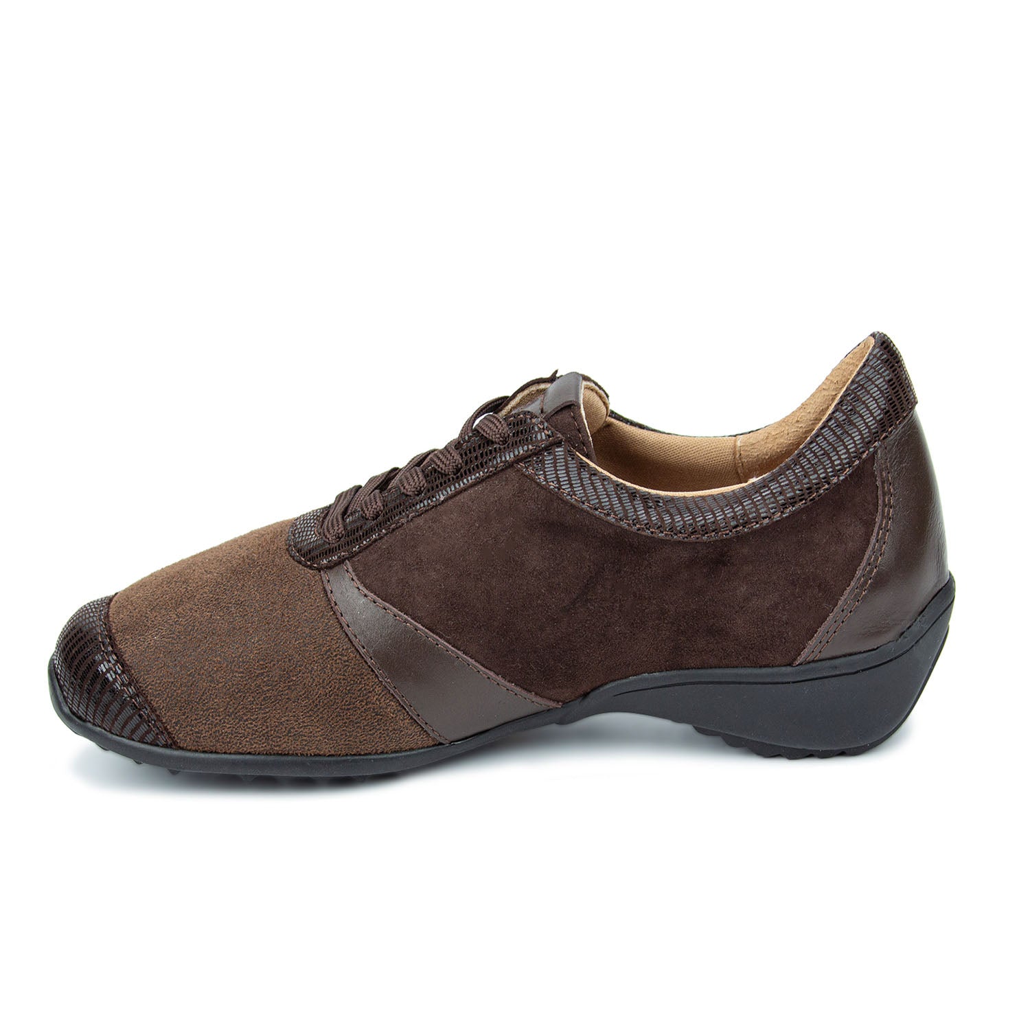 Brown shoe with tan sole on a white background