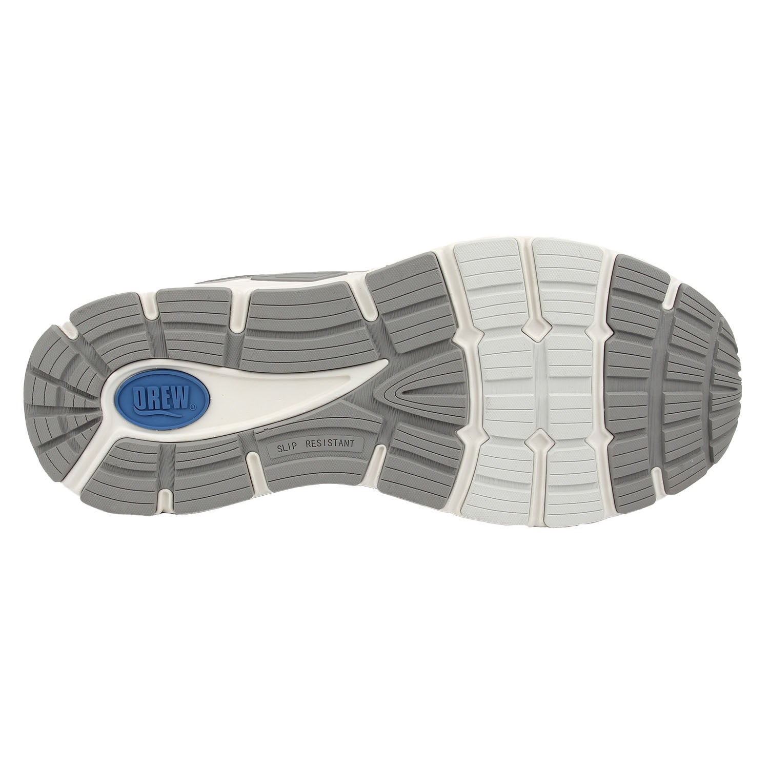 Sole of a shoe with a blue brand logo on a white background