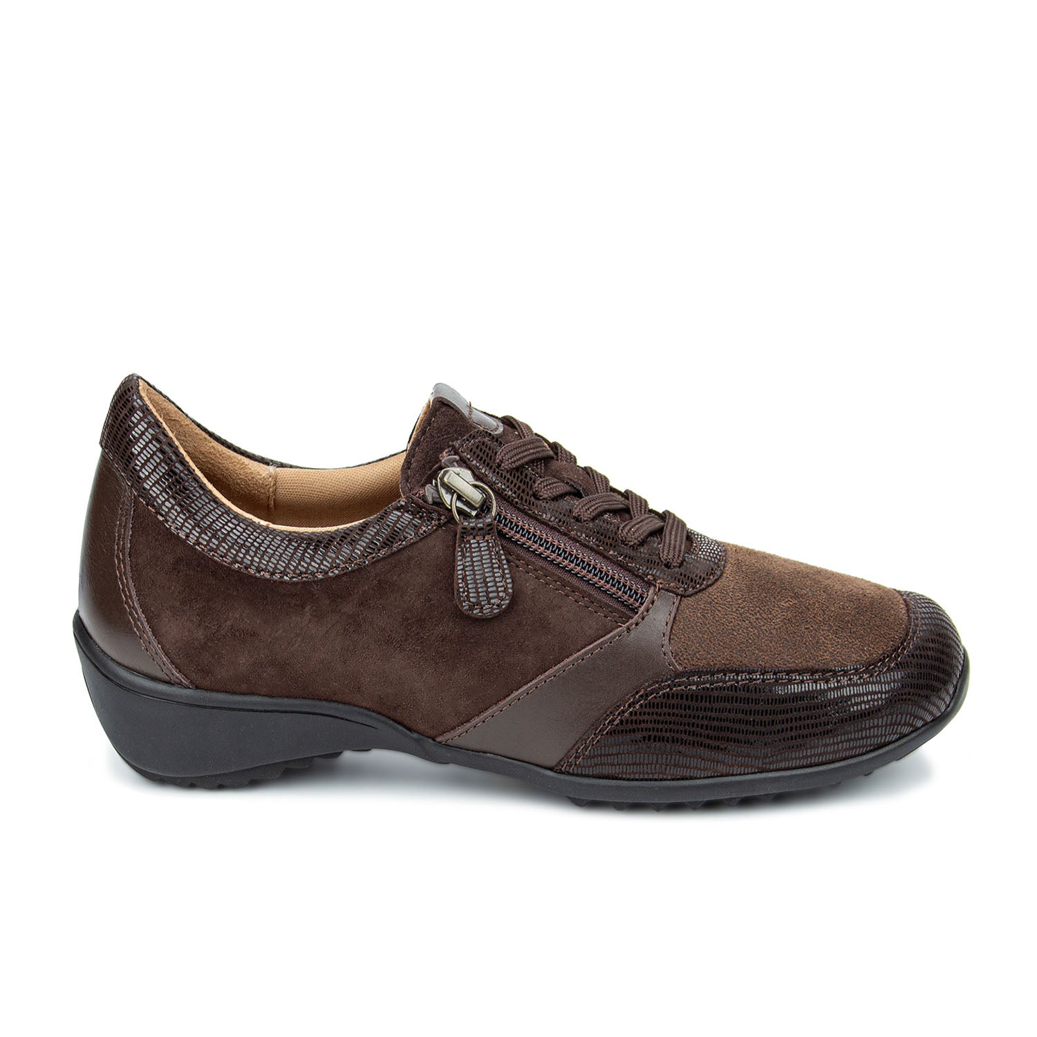 Brown casual shoe with a zipper on a white background