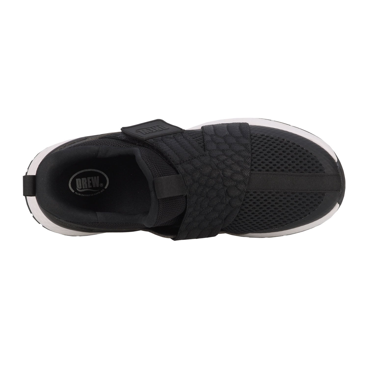 Black athletic shoe with a strap on a white background