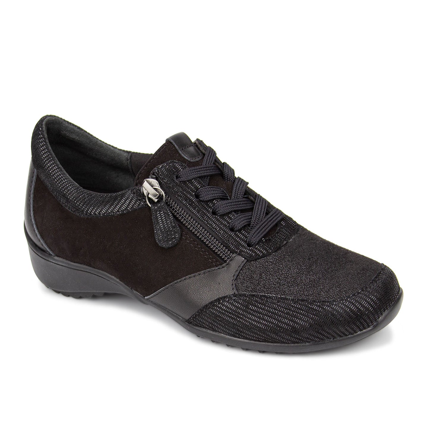 Black casual shoe with a zipper on a white background