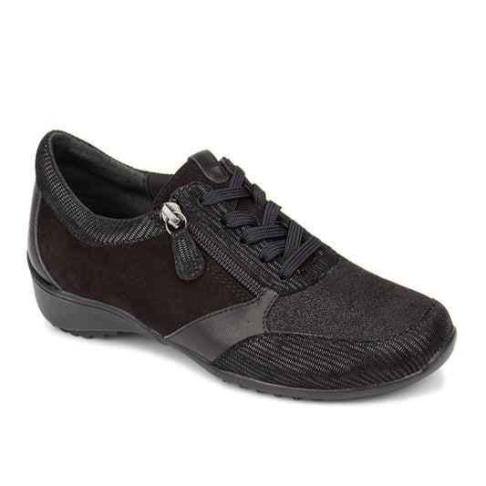 Drew Women's Pippy Casual Shoes - Black casual shoe with a zipper on a white background
